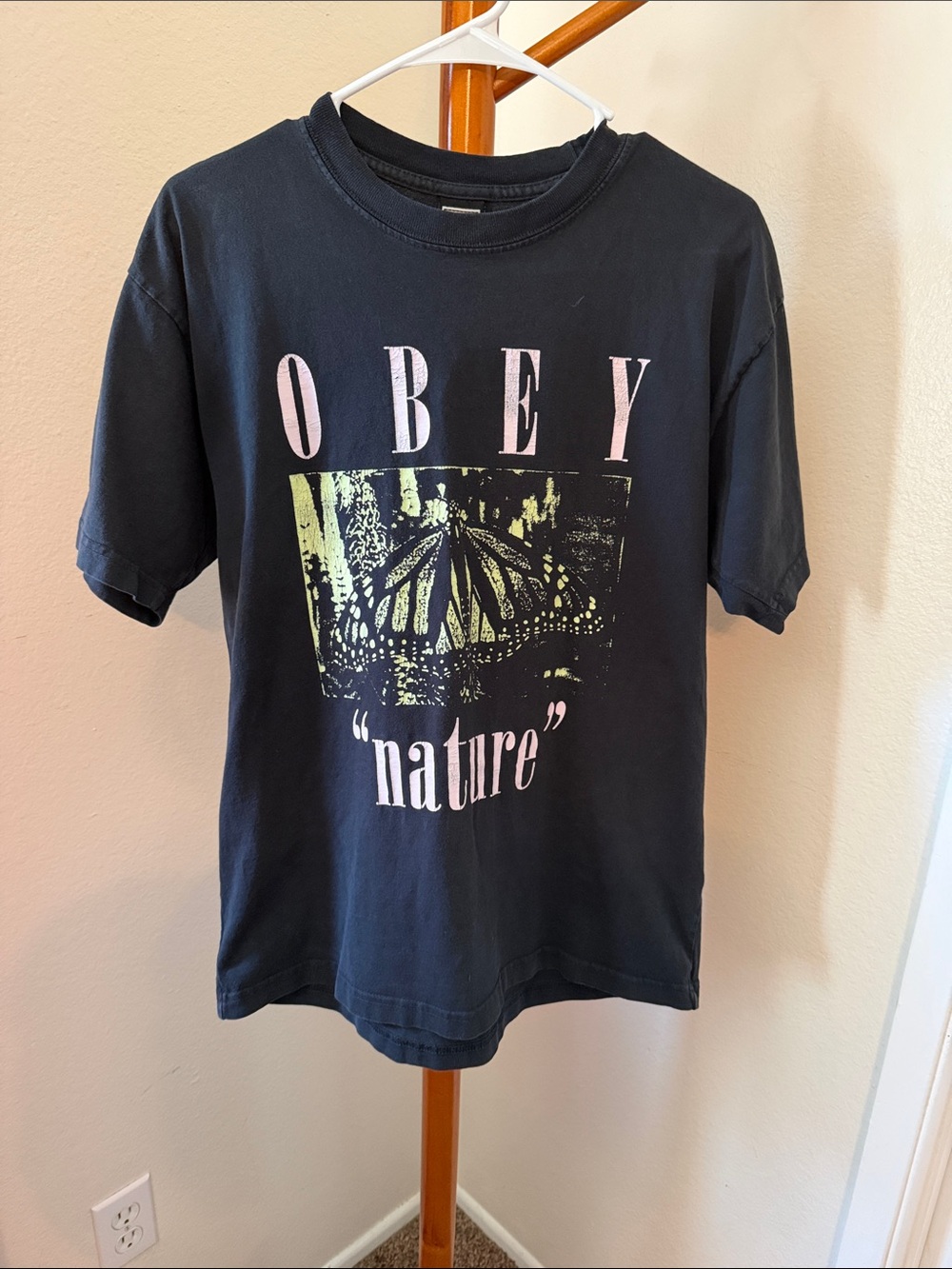 Obey Black Tee with Pink Logo and Yellow Nature Graphic Panel
